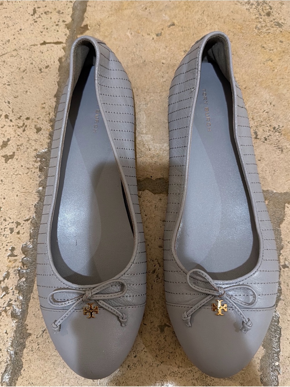 Tory Burch Light Gray Quilted Ballet Flats with Gold Logo
